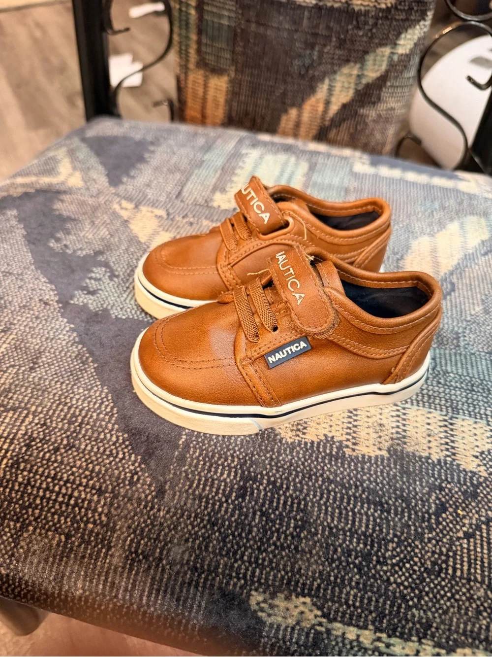 Nautica Kids Tan Brown Leather-Look Hook & Loop Sneakers